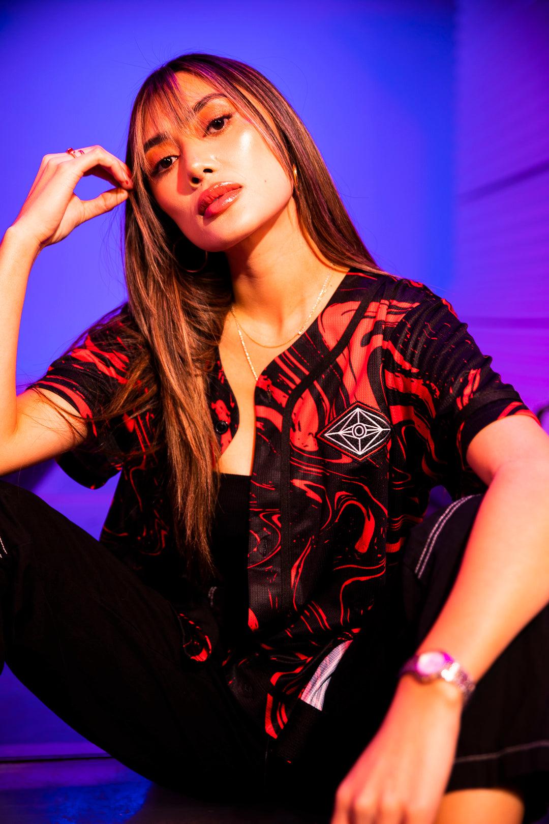 SPACEMAN JERSEY - RED/BLACK MARBLE - Baseball Jersey - Slander- Electric Family Official Artist Merchandise