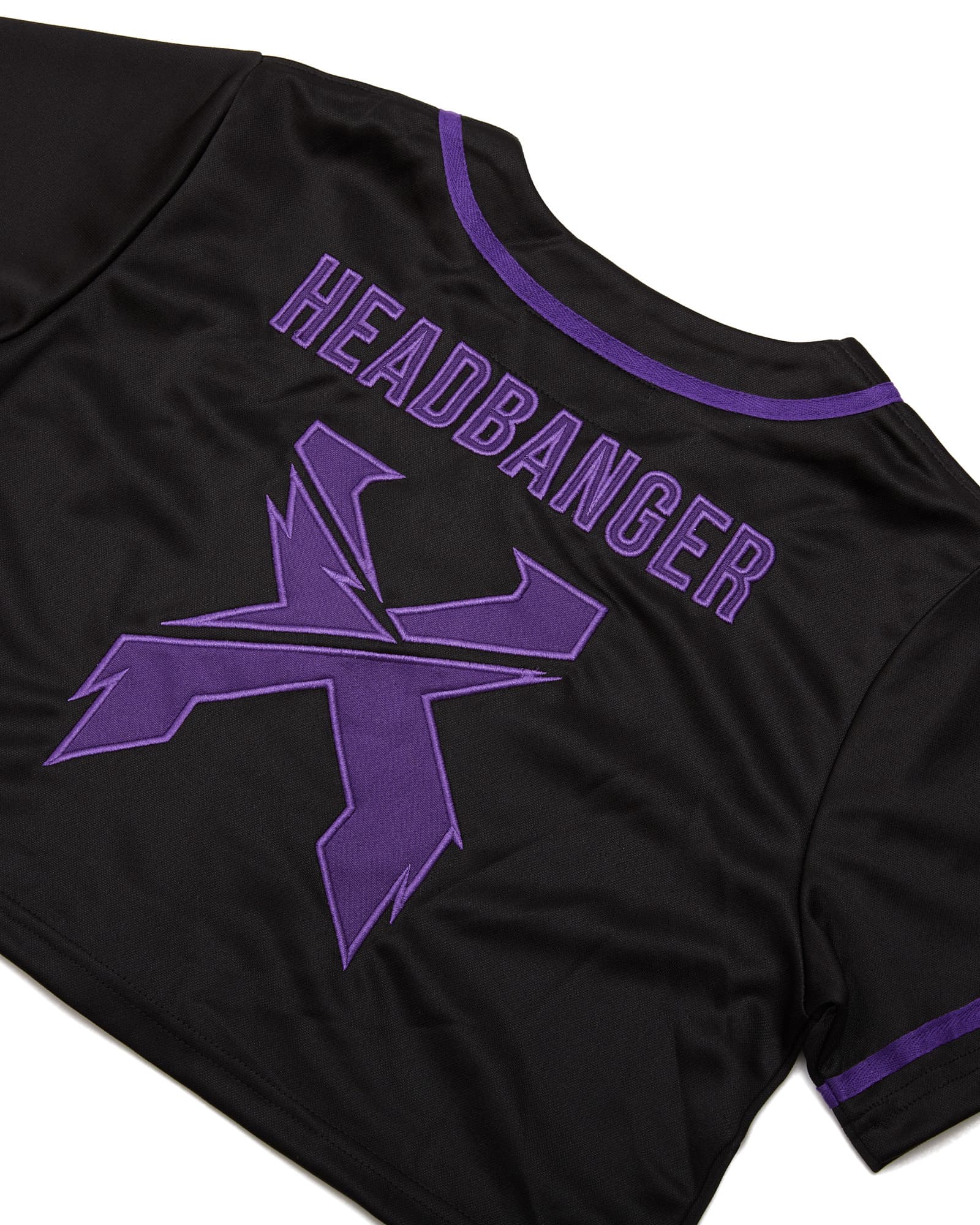 Headbanger Women's Crop Top Baseball Jersey (Black/Purple)