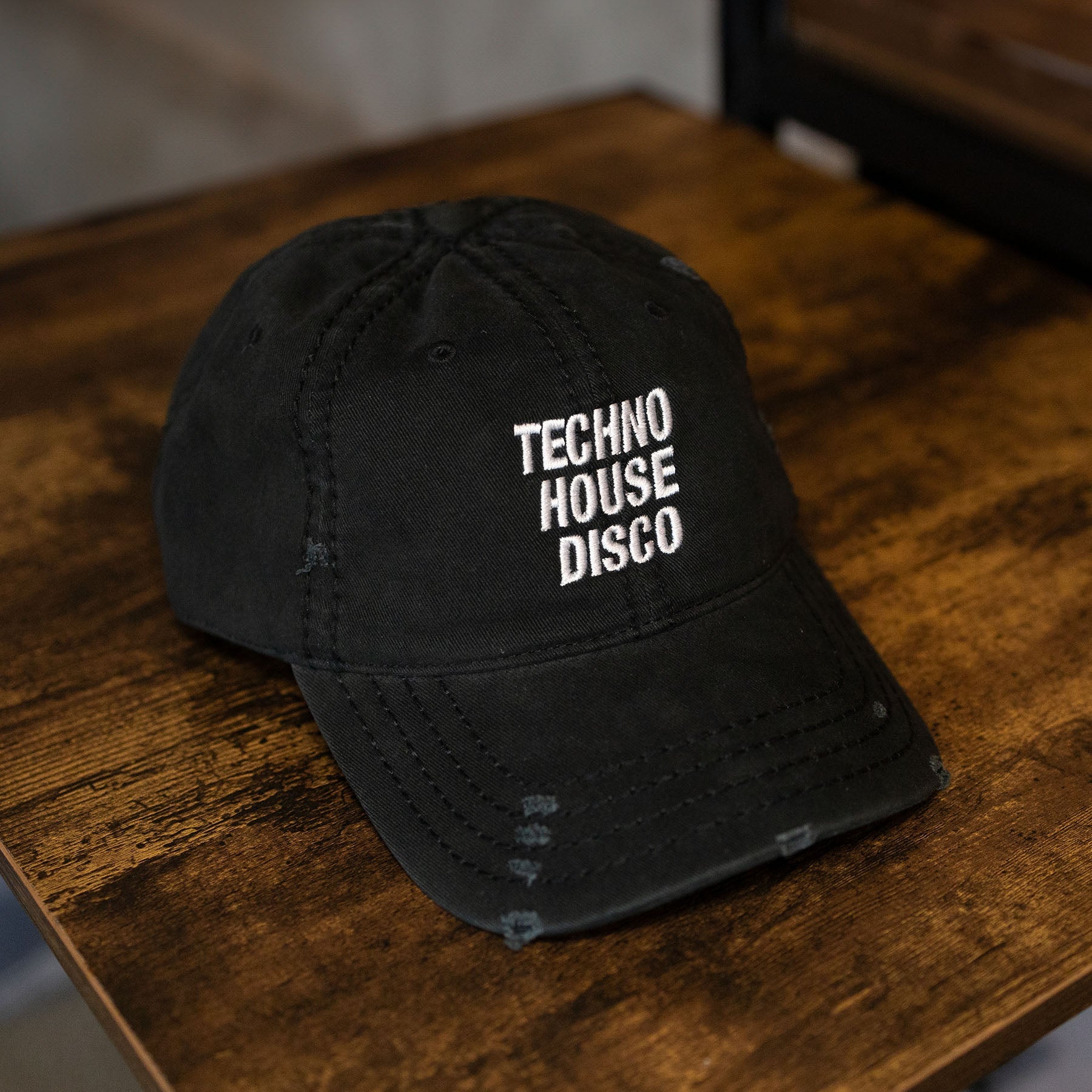 Techno x House x Disco Distressed Dad Hat / Black